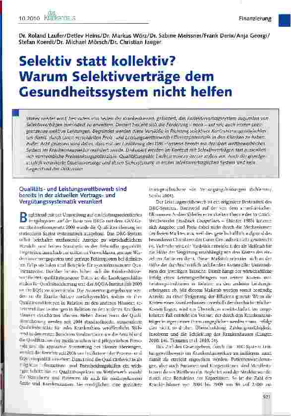 Vorschauseite 1: Selektiv statt kollektiv? Warum Selektivverträge dem Cesundheitssystem nicht helfen