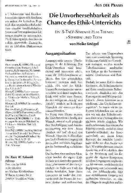 Vorschauseite 1: Die Unvorhersehbarkeit als Chance des Ethik-Unterrichts Ein 3-Tage-Seminar zum Thema: Sterben und Tod