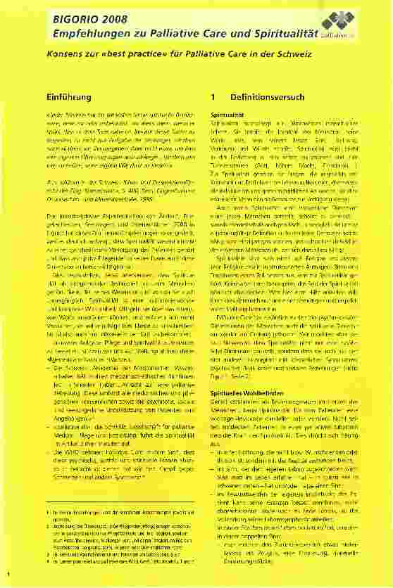 Vorschauseite 1: BIGORIO 2008Empfehlungen zu Palliative Care und Spiritualität