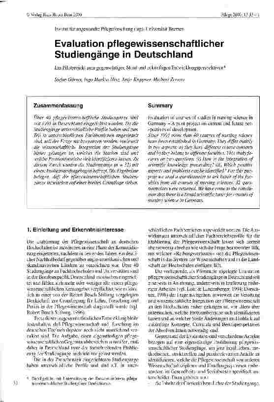 Vorschauseite 1: Evaluation pflegewissenschaftlicher Studiengänge in Deutschland Ein Pilotprojekt zum gegenwärtigen Stand und zukünftigen Entwicklungsperspektiven