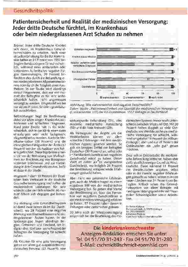 Vorschauseite 1: Patientensicherheit und Realität der medizinischen Versorgung: Jeder dritte Deutsche fürchtet im Krankenhaus oder beim niedergelassenen Arzt Schaden zu nehmen