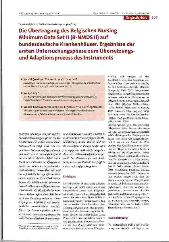 Vorschauseite 1: Die Übertragung des Belgischen Nursing Minimum Data Set II (B-NMDSII) auf bundesdeutsche Krankenhäuser. Ergebnisse der ersten Untersuchungsphase zum Übersetzungsund Adaptionsproze…