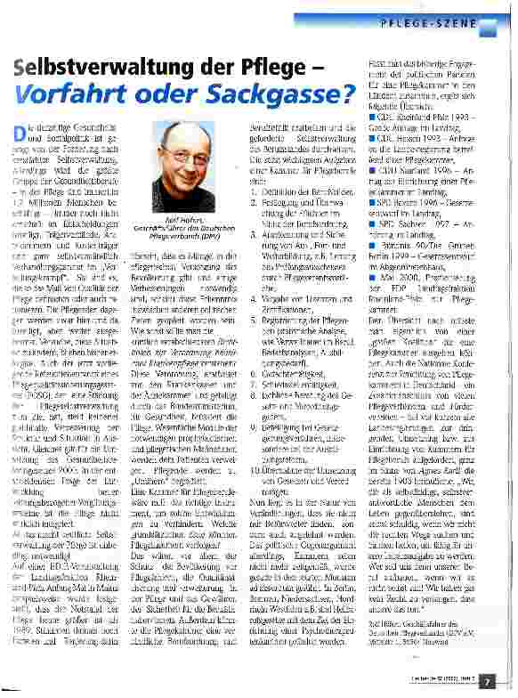 Vorschauseite 1: Selbstverwaltung der Pflege - Vorfahrt oder Sackgasse?