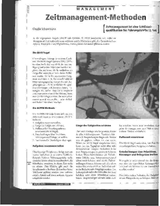 Vorschauseite 1: Zeitmanagement-Methoden Zeitmanagement ist eine Schlüsselqualifikation für Führungskräfte / 2. Teil