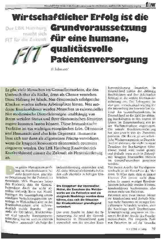 Vorschauseite 1: Wirtschaftlicher Erfolg ist die Grundvoraussetzung für eine humane, qualitätsvolle Patientenversorgung Der LKB Hamburg macht sich FIT für die Zukunft