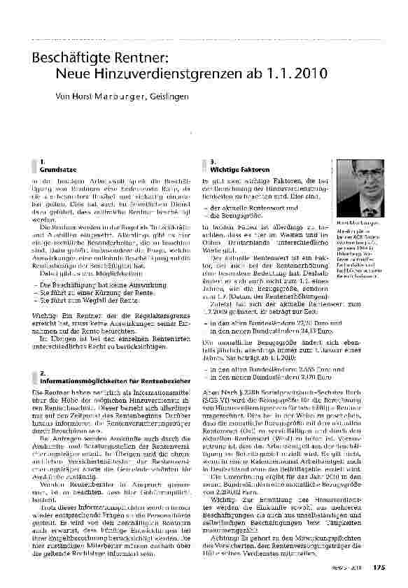 Vorschauseite 1: Beschäftigte Rentner: Neue Hinzuverdienstgrenzen ab 1.1.2010