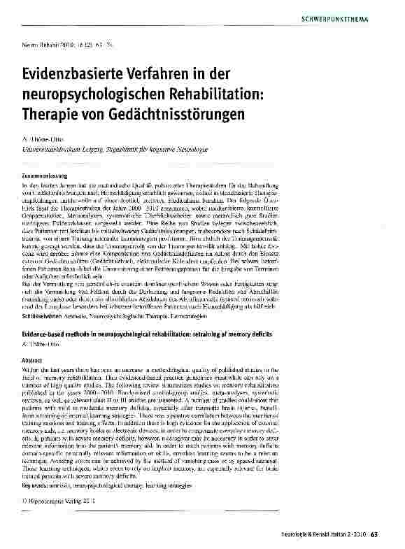 Vorschauseite 1: Evidenzbasierte Verfahren in der neuropsychologischen Rehabilitation Therapie von Gedächtnisstörungen