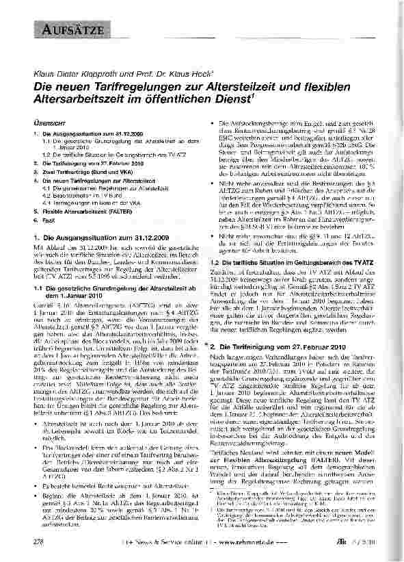 Vorschauseite 1: Die neuen Tarifregelungen zur Altersteilzeit und flexiblen Altersarbeitszeit im öffentlichen Dienst