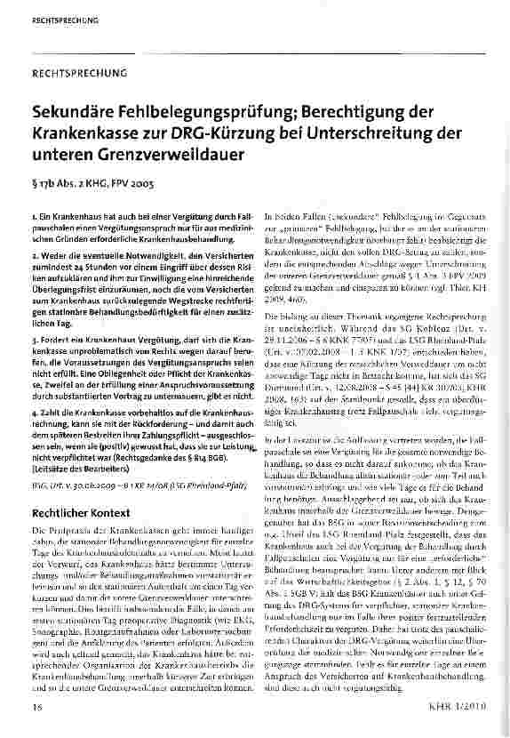 Vorschauseite 1: Sekundäre Fehlbelegungsprüfung; Berechtigung der Krankenkasse zur DRG-Kürzung bei Unterschreitung der unteren Grenzverweildauer