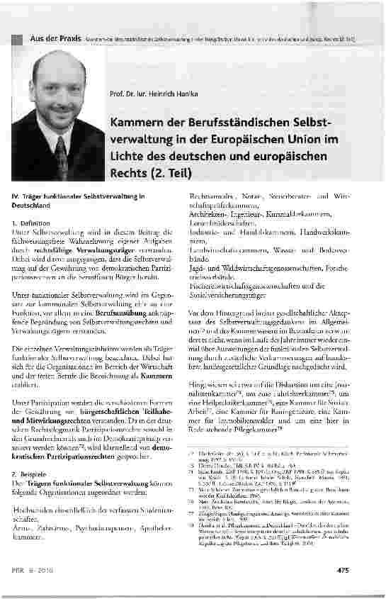Vorschauseite 1: Kammern der Berufsständischen Selbstverwaltung in der Europäischen Union im Lichte des deutschen und europäischen Rechts (2. Teil)