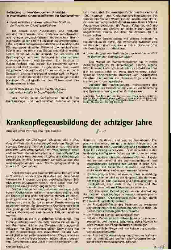Vorschauseite 1: Krankenpflegeausbildung der achtziger Jahre Auszüge eines Vortrages