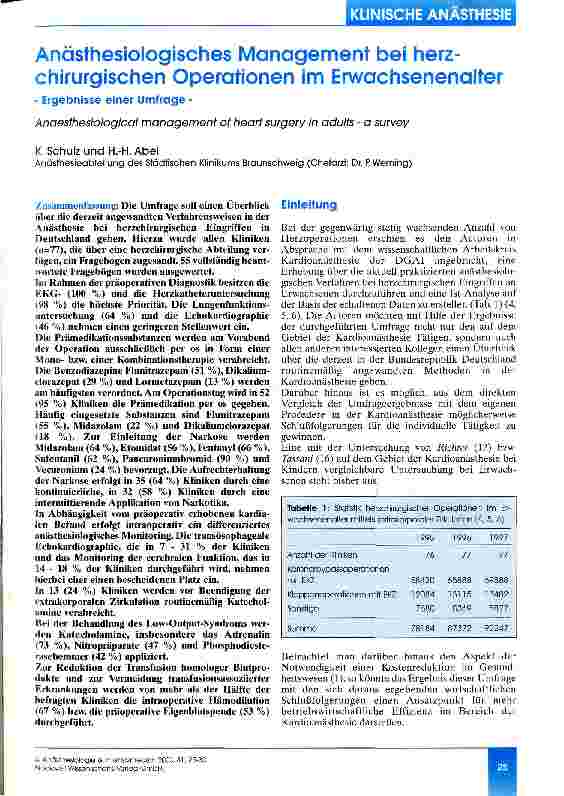 Vorschauseite 1: Anästhesiologisches Management bei herzchirurgischen Operationen im Erwachsenenalter Ergebnisse einer Umfrage