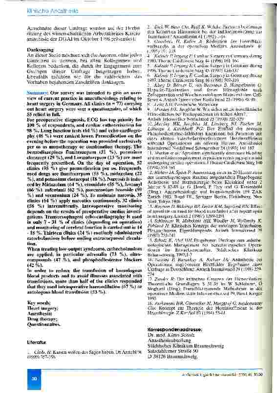Vorschauseite 6: Anästhesiologisches Management bei herzchirurgischen Operationen im Erwachsenenalter Ergebnisse einer Umfrage
