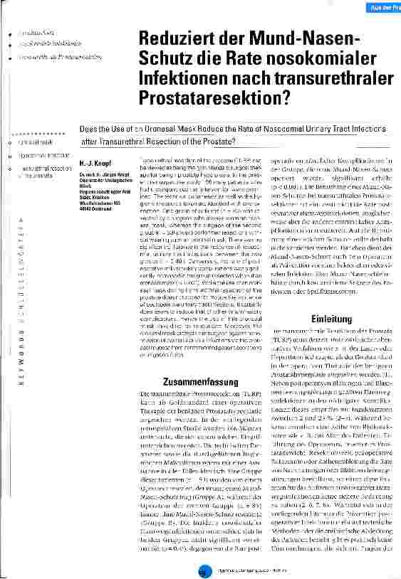 Vorschauseite 1: Reduziert der Mund-Nasen-Schutz die Rate nosokomialer Infektionen nach transurethraler Prostataresektion?