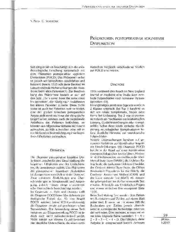 Vorschauseite 1: PRÄDIKTOREN POSTOPERATIVER KOGNITIVER DYSFUNKTION
