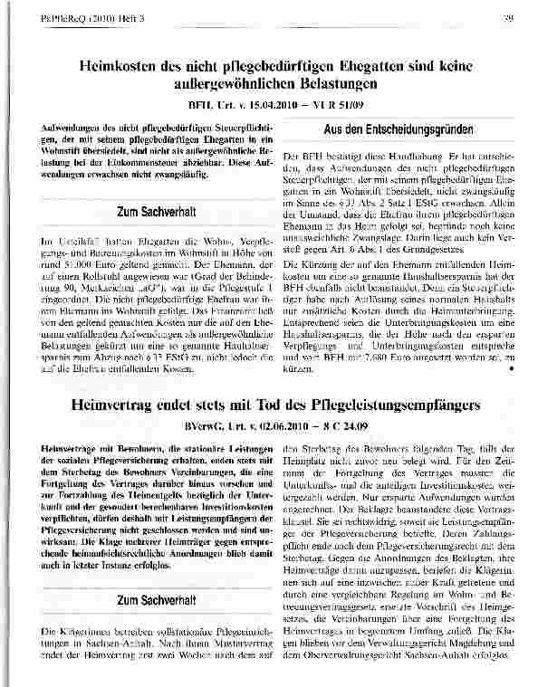 Vorschauseite 1: Heimvertrag endet stets mit Tod des PflegeleistungsempfängersBVerwG, Urt. v. 02.06.2010 - 8 C 24.09