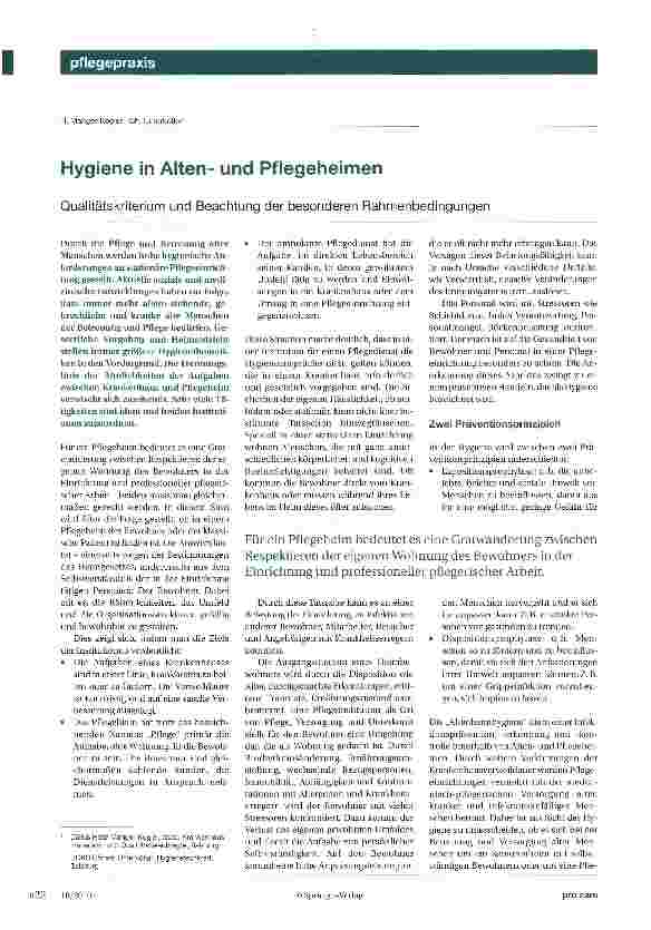 Vorschauseite 1: Hygiene in Altenund PflegeheimenQualitätskriterium und Beachtung der besonderen Rahmenbedingungen