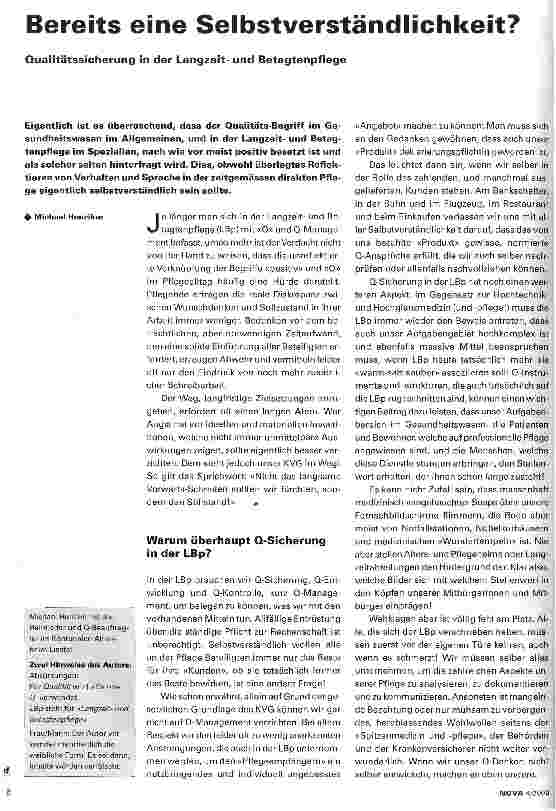 Vorschauseite 1: Bereits eine Selbstverständlichkeit Qualitätssicherung in der Langzeitund Betagtenpflege