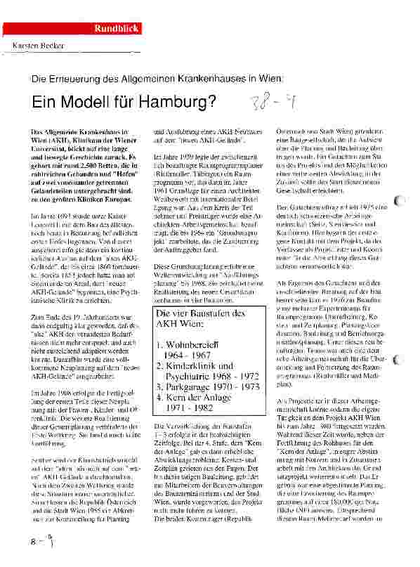 Vorschauseite 1: Die Erneuerung des Allgemeinen Krankenhauses in Wien: Ein Modell für Hamburg?