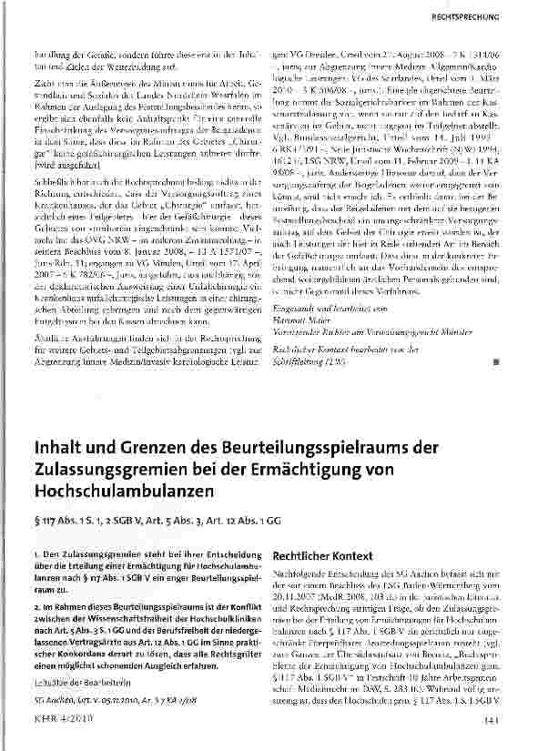 Vorschauseite 1: Inhalt und Grenzen des Beurteilungsspielraums der Zulassungsgremien bei der Ermächtigung von Hochschulambulanzen§ 117 Abs. l S. i, 2 SGB V, Art. 5 Abs. 3, Art. 12 Abs. i GG