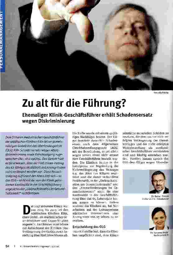 Vorschauseite 1: Zu alt für die Führung? Ehemaliger Klinik-Geschäftsführer erhält Schadensersatz wegen Diskriminierung