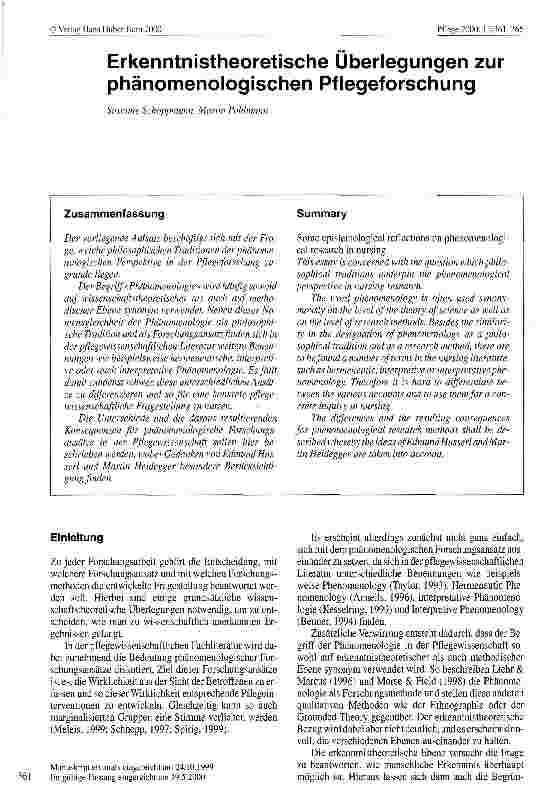 Vorschauseite 1: Erkenntnistheoretische Überlegungen zur phänomenologischen Pflegeforschung