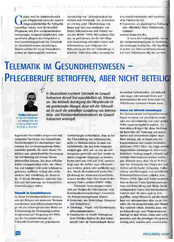 Vorschauseite 1: Telematik im Gesundheitswesen - Pflegeberufe betroffen, aber nicht beteiligt