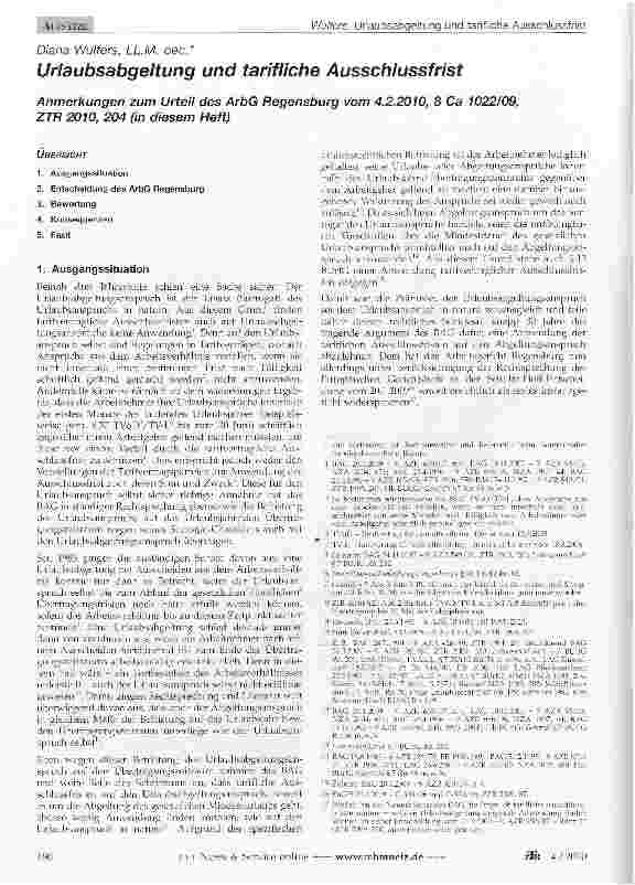 Vorschauseite 1: Urlaubsabgeltung und tarifliche Ausschlussfrist
