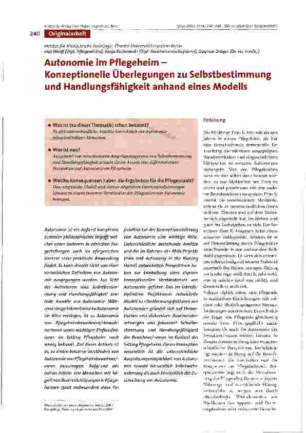 Vorschauseite 1: Autonomie im Pflegeheim -Konzeptionelle Überlegungen zu Selbstbestimmungund Handlungsfähigkeit anhand eines Modells