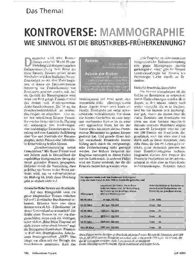 Vorschauseite 1: KONTROVERSE: MAMMOGRAPHIEWIE SINNVOLL IST DIE BRUSTKREBS-FRÜHERKENNUNG?