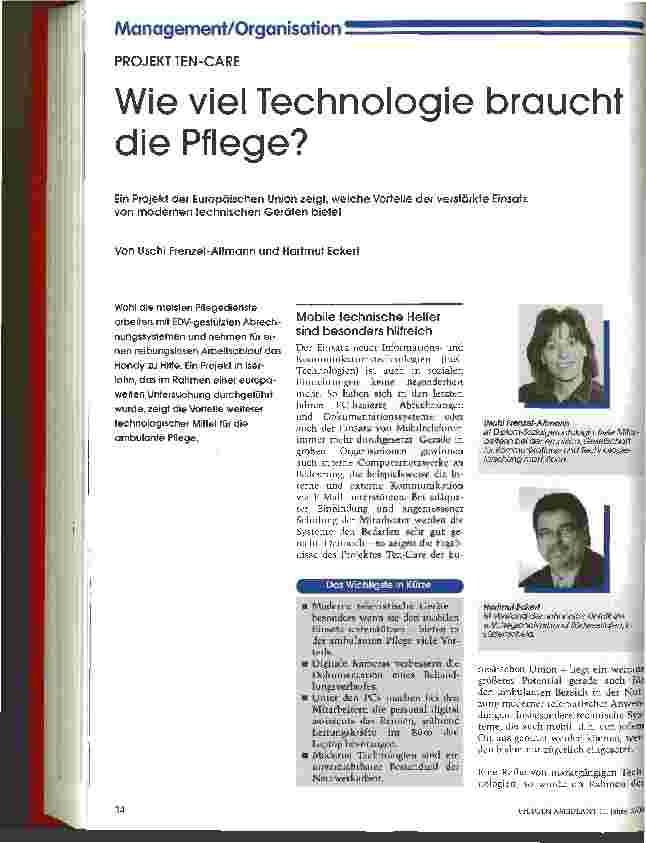 Vorschauseite 1: Wie viel Technologie braucht die Pflege? Das Projekt Ten-Care