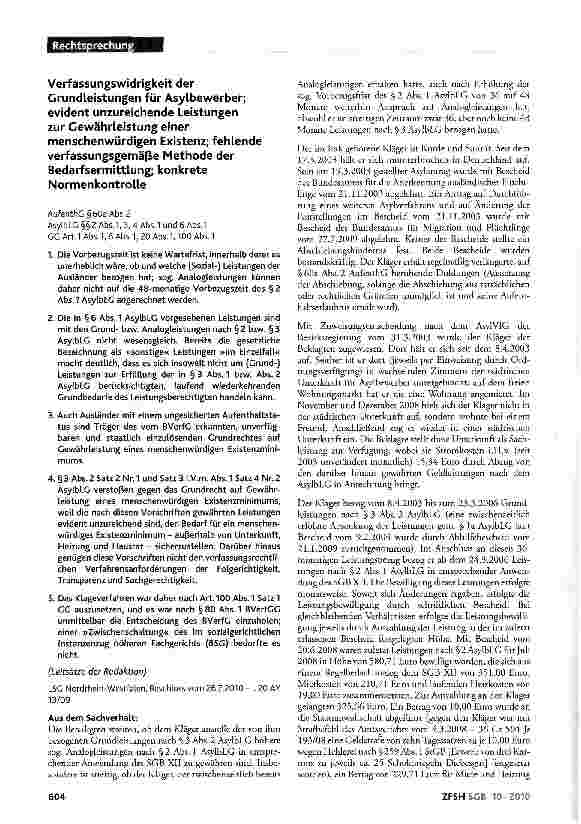 Vorschauseite 1: Verfassungswidrigkeit der Grundleistungen für Asylbewerber; evident unzureichende Leistungen zur Gewährleistung einer menschenwürdigen Existenz; fehlende verfassungsgemäße Methode…