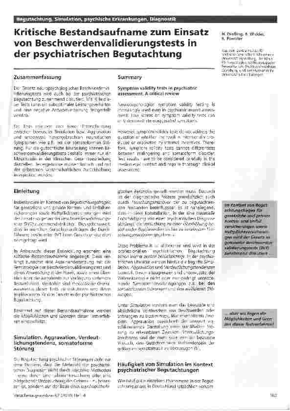 Vorschauseite 1: Kritische Bestandsaufname zum Einsatz von Beschwerdenvalidierungstests in der psychiatrischen Begutachtung