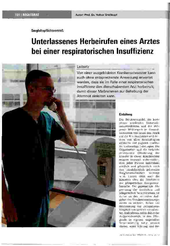 Vorschauseite 1: Unterlassenes Herbeirufen eines Arztes bei einer respiratorischen Insuffizienz