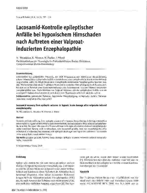 Vorschauseite 1: Lacosamid-Kontrolle epileptischer Anfälle bei hypoxischem Hirnschaden nach Auftreten einer Valproat-induzierten Enzephalopathie