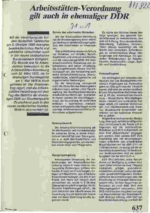 Vorschauseite 1: Arbeitsstätten-Verordnung gilt auch in der ehemaligen DDR