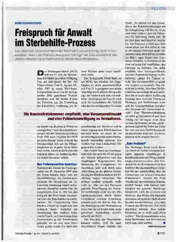 Vorschauseite 1: Freispruch für Anwalt im Sterbehilfe-Prozess