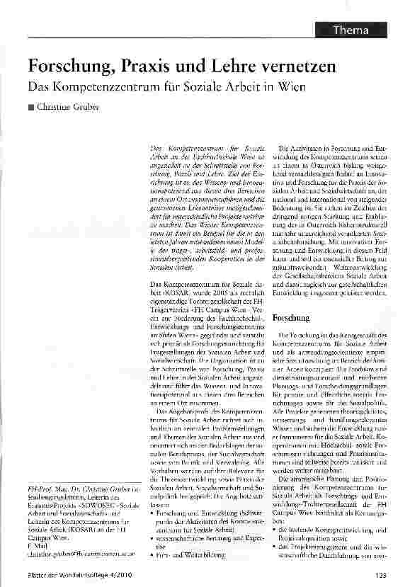 Vorschauseite 1: Forschung, Praxis und Lehre vernetzen Das Kompetenzzentrum für Soziale Arbeit in Wien