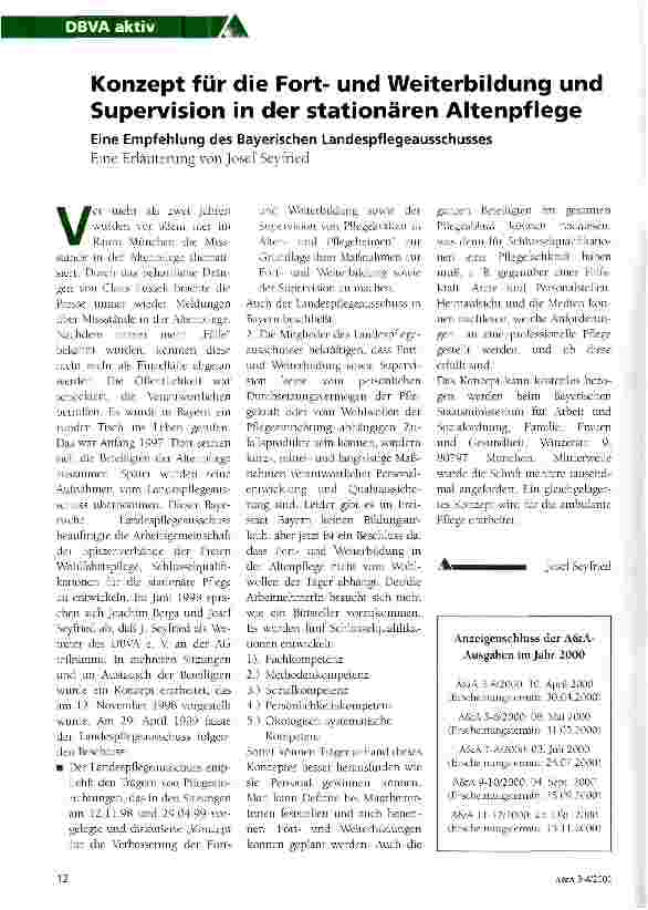 Vorschauseite 1: Konzept für die Fortund Weiterbildung und Supervision in der stationären Altenpflege Eine Empfehlung der Bayerischen Landespflegeausschusses