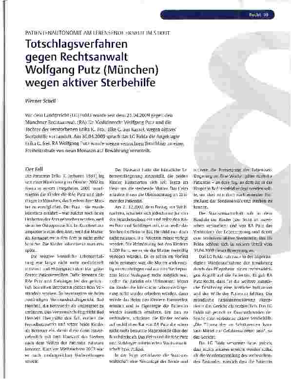 Vorschauseite 1: Totschlagsverfahren gegen Rechtsanwalt Wolfgang Putz (München) wegen aktiver Sterbehilfe
