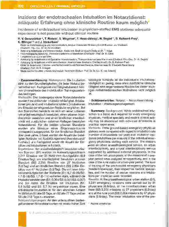 Vorschauseite 1: Inzidenz der endotrachealen Intubation im Notarztdienst: adäquate Erfahrung ohne klinische Routine kaum möglich