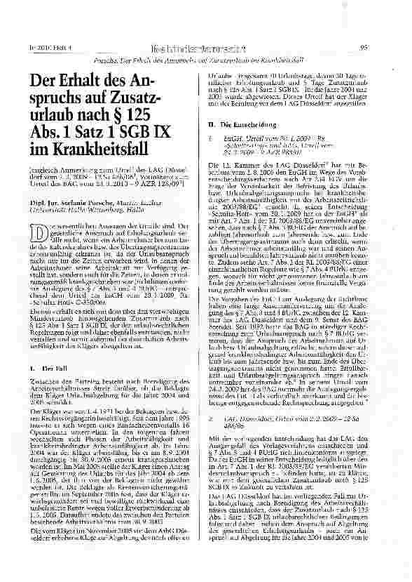 Vorschauseite 1: Der Erhalt des Anspruchs auf Zusatzurlaub nach § 125 Abs. 1 Satz 1 SGBIX im Krankheitsfall