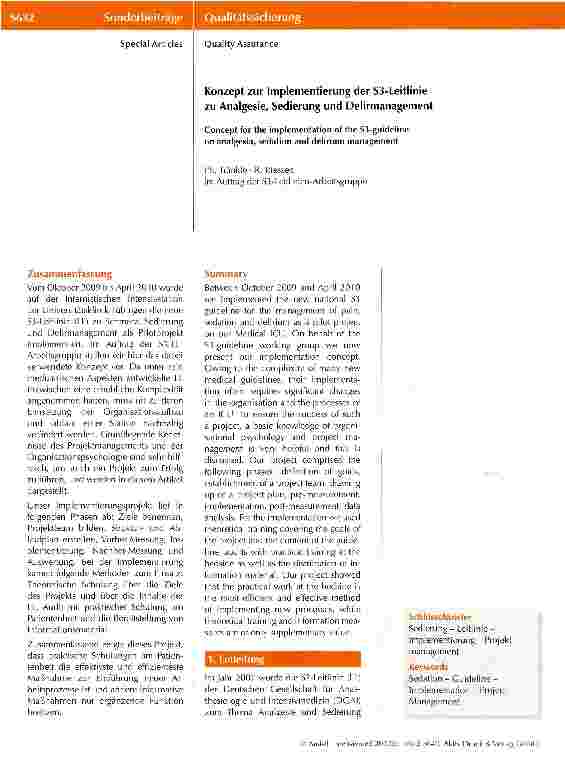 Vorschauseite 1: Konzept zur Implementierung der S3-Leitlinie zu Analgesie, Sedierung und Delirmanagement