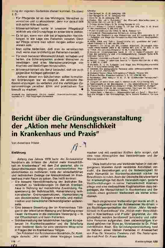 Vorschauseite 1: Bericht über die Gründungsveranstaltung der Aktion mehr Menschlichkeit in Krankenhaus und Praxis