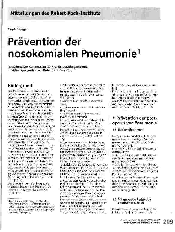 Vorschauseite 1: Prävention der nosokomialen Pneumonie Empfehlungen - Mitteilung des Robert Koch-Instituts