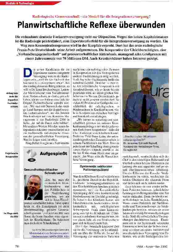 Vorschauseite 1: Planwirtschaftliche Reflexe überwunden Radiologische Genossenschaft - ein Modell für die Integrationsversorgung?