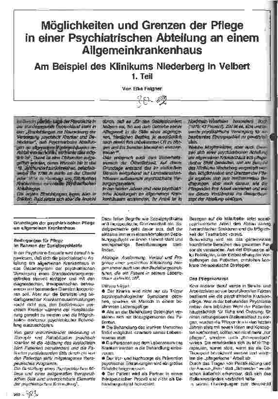 Vorschauseite 1: Möglichkeiten und Grenzen der Pflege in einer Psychiatrischen Abteilung an einem Allgemeinkrankenhaus - Teil 1
