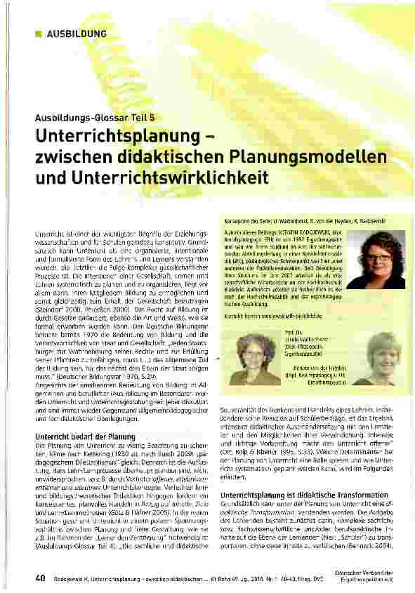 Vorschauseite 1: Ausbildungs-Glossar Teil 5 Unterrichtsplanung - zwischen didaktischen Planungsmodellenund Unterrichtswirklichkeit