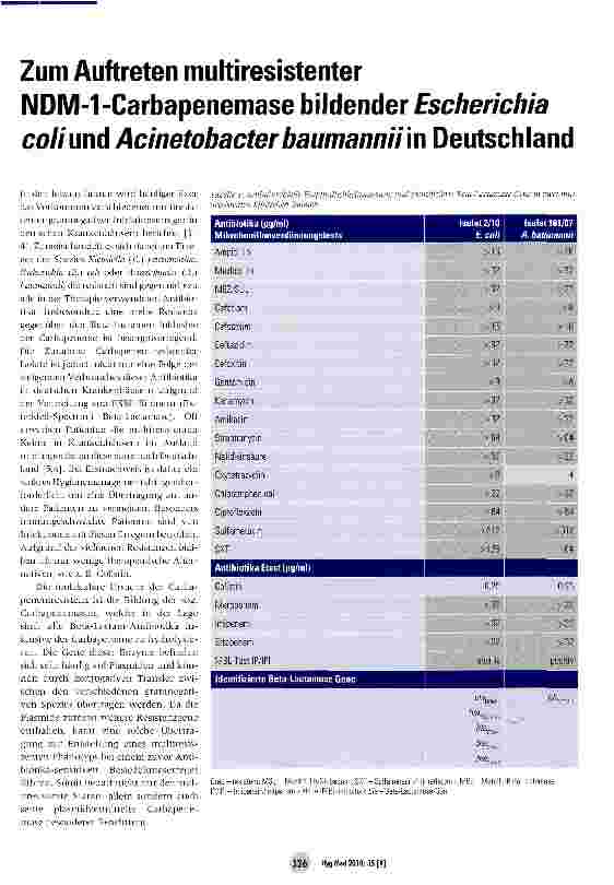 Vorschauseite 1: Zum Auftreten multiresistenter NDM-1-Carbapenemase bildender Escherichia coli und Acinetobacter baumanii in Deutschland