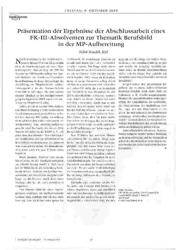 Vorschauseite 1: Präsentation der Ergebnisse der Abschlussarbeit eines FK-III-Absolventen zur Thematik Berufsbild in der MP-Aufbereitung